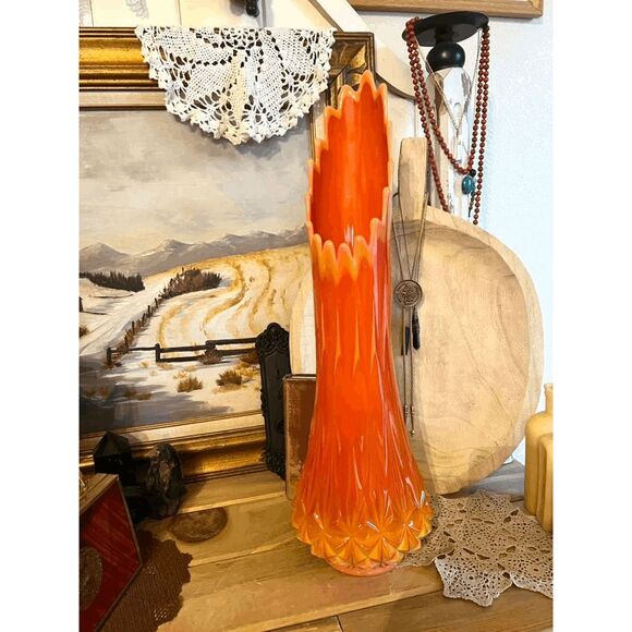 Vintage L.E. Smith Bittersweet Large Orange Swung Glass Diamond Butt Vase 24" - Picture 7 of 7